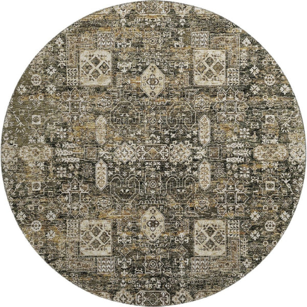 HomeRoots 8' Coffee Ivory and Gold Floral Round Rug - Washable, UV Protected, Ideal for High-Traffic Areas 653371
