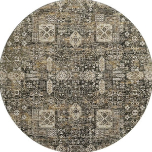 HomeRoots 8' Coffee Ivory and Gold Floral Round Rug - Washable, UV Protected, Ideal for High-Traffic Areas 653371