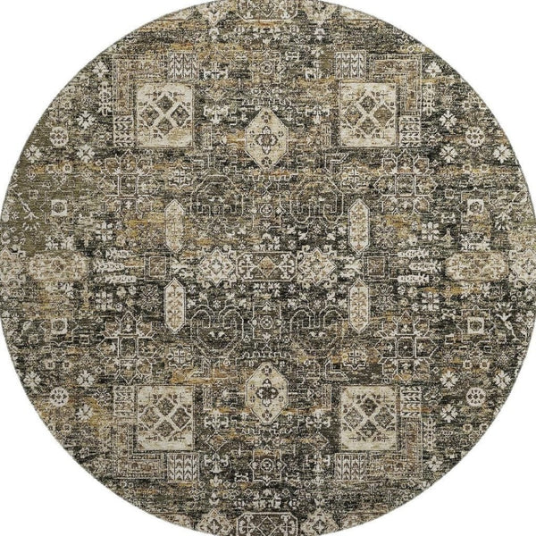 HomeRoots 8' Coffee Ivory and Gold Floral Round Rug - Washable, UV Protected, Ideal for High-Traffic Areas 653371