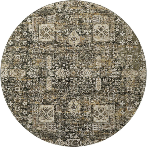 HomeRoots 8' Coffee Ivory and Gold Floral Round Rug - Washable, UV Protected, Ideal for High-Traffic Areas 653371