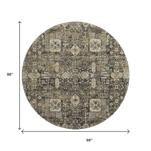 HomeRoots 8' Coffee Ivory and Gold Floral Round Rug - Washable, UV Protected, Ideal for High-Traffic Areas 653371