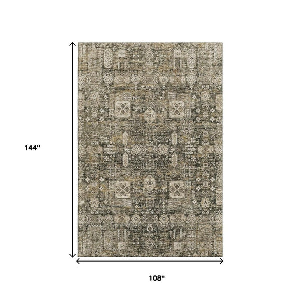HomeRoots 9' X 12' Coffee Ivory Gold Floral Area Rug - Washable, UV Protected, Stain Resistant for Homes 653373