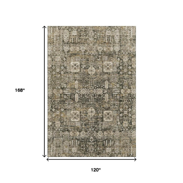 HomeRoots 10' X 14' Elegant Coffee Ivory Gold Floral Washable Area Rug with UV Protection for High Traffic Areas 653374