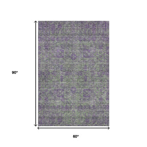 HomeRoots 5' X 8' Fern Green & Purple Floral Area Rug - Stain Resistant, UV Protected, Perfect for All Spaces 653376