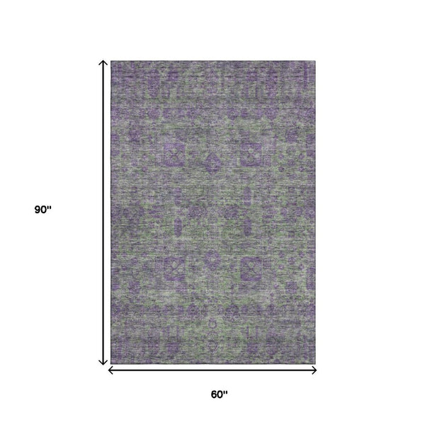 HomeRoots 5' X 8' Fern Green & Purple Floral Area Rug - Stain Resistant, UV Protected, Perfect for All Spaces 653376