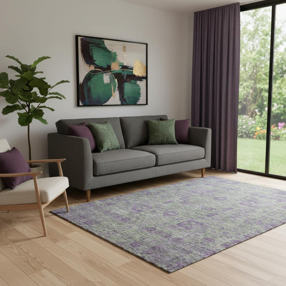 HomeRoots 5' X 8' Fern Green & Purple Floral Area Rug - Stain Resistant, UV Protected, Perfect for All Spaces 653376