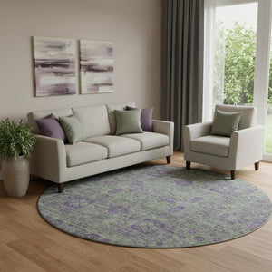 HomeRoots 8' Fern Green and Purple Floral Washable Round Rug - UV Protected, Stain Resistant, Easy Care Design 653377