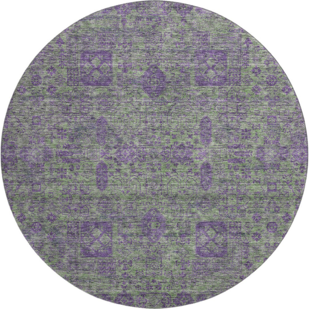 HomeRoots 8' Fern Green and Purple Floral Washable Round Rug - UV Protected, Stain Resistant, Easy Care Design 653377