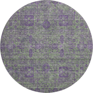 HomeRoots 8' Fern Green and Purple Floral Washable Round Rug - UV Protected, Stain Resistant, Easy Care Design 653377