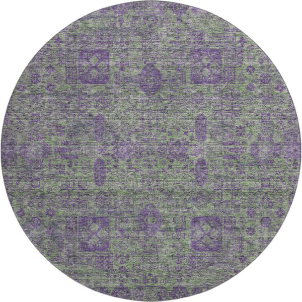 HomeRoots 8' Fern Green and Purple Floral Washable Round Rug - UV Protected, Stain Resistant, Easy Care Design 653377