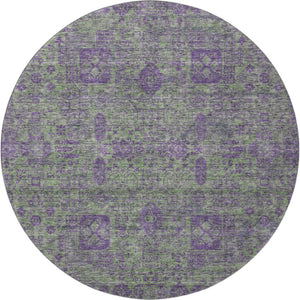 HomeRoots 8' Fern Green and Purple Floral Washable Round Rug - UV Protected, Stain Resistant, Easy Care Design 653377