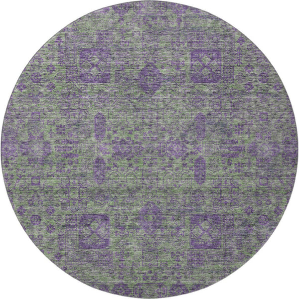 HomeRoots 8' Fern Green and Purple Floral Washable Round Rug - UV Protected, Stain Resistant, Easy Care Design 653377