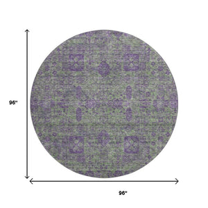 HomeRoots 8' Fern Green and Purple Floral Washable Round Rug - UV Protected, Stain Resistant, Easy Care Design 653377