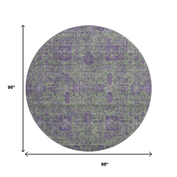 HomeRoots 8' Fern Green and Purple Floral Washable Round Rug - UV Protected, Stain Resistant, Easy Care Design 653377