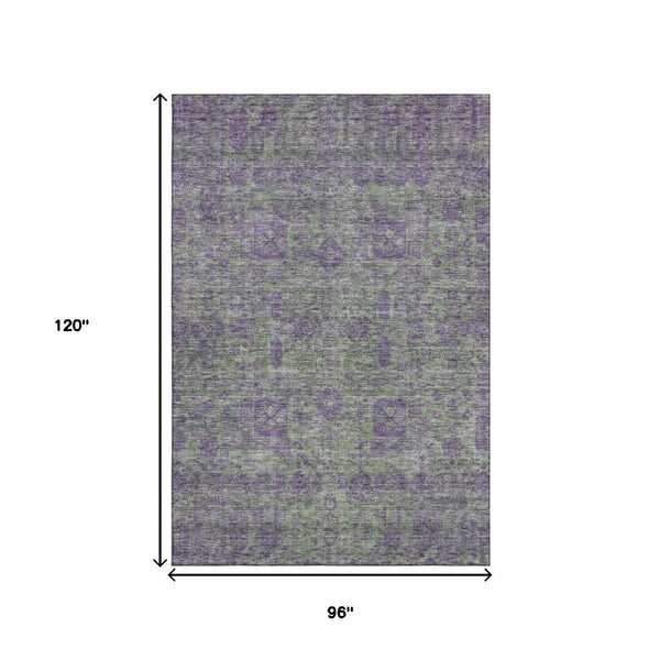 HomeRoots 8' X 10' Floral Area Rug in Fern Green & Purple - Washable, UV Protected, Perfect for Family Spaces! 653378