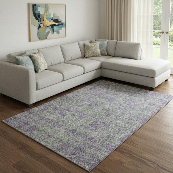 HomeRoots 8' X 10' Floral Area Rug in Fern Green & Purple - Washable, UV Protected, Perfect for Family Spaces! 653378