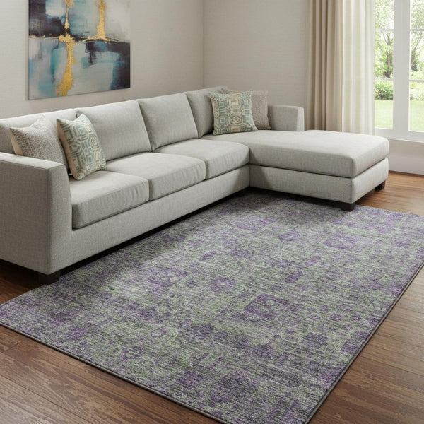 HomeRoots 9' X 12' Floral Area Rug in Fern Green & Purple - Washable, UV-Protected, Stain-Resistant Design! 653379
