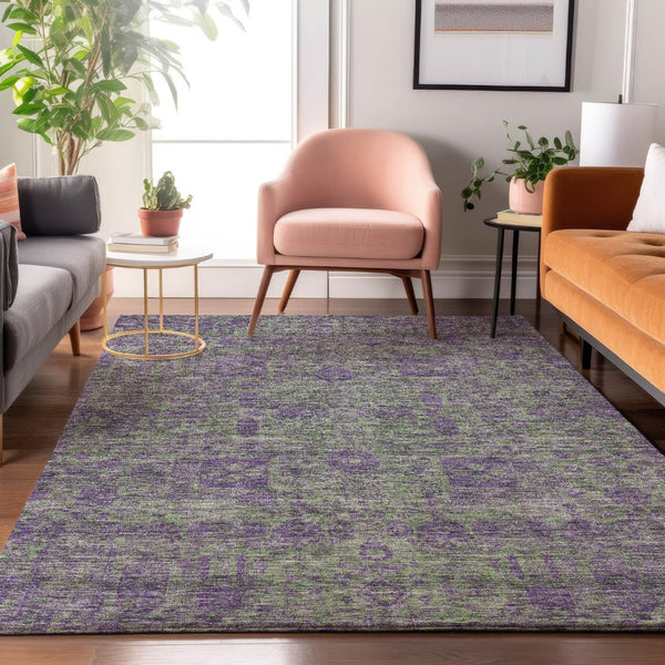 HomeRoots 9' X 12' Floral Area Rug in Fern Green & Purple - Washable, UV-Protected, Stain-Resistant Design! 653379
