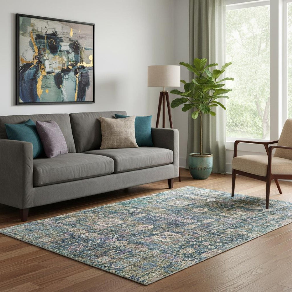 HomeRoots 5' X 8' Floral Area Rug in Green, Blue & Beige – Washable, UV Protected, Pet-Friendly Design! 653382