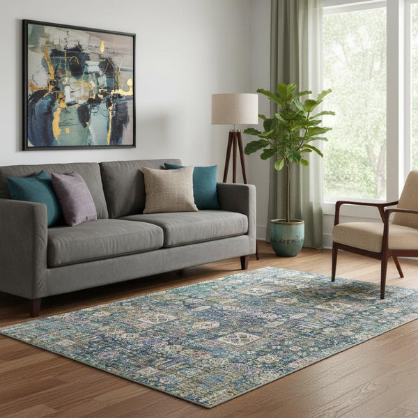HomeRoots 5' X 8' Floral Area Rug in Green, Blue & Beige – Washable, UV Protected, Pet-Friendly Design! 653382