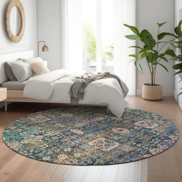 HomeRoots 8' Washable Round Rug in Green, Blue & Beige Floral Design - UV Protected for Durability & Style 653383