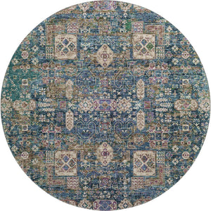 HomeRoots 8' Washable Round Rug in Green, Blue & Beige Floral Design - UV Protected for Durability & Style 653383