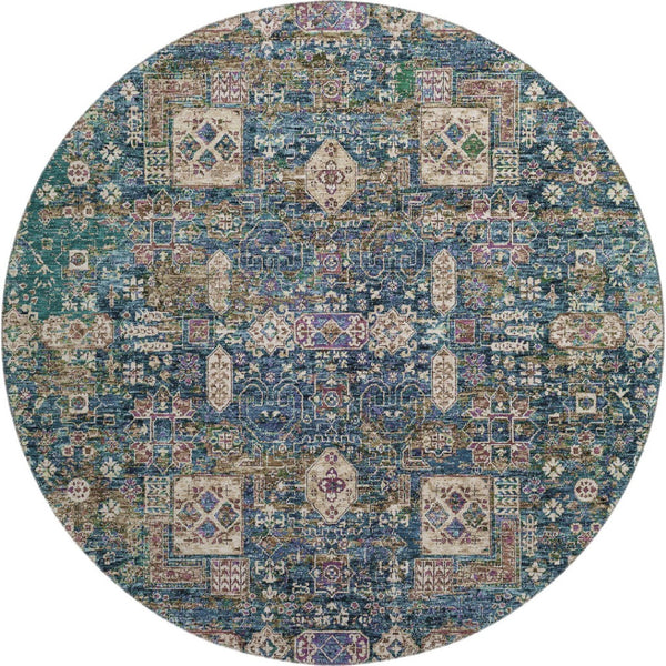 HomeRoots 8' Washable Round Rug in Green, Blue & Beige Floral Design - UV Protected for Durability & Style 653383