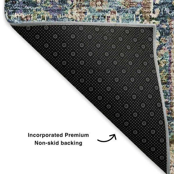 HomeRoots 8' Washable Round Rug in Green, Blue & Beige Floral Design - UV Protected for Durability & Style 653383