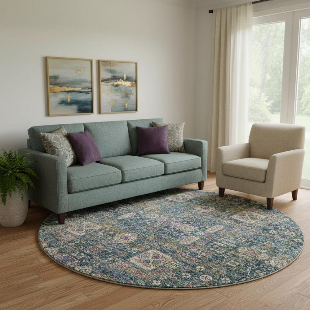 HomeRoots 8' Washable Round Rug in Green, Blue & Beige Floral Design - UV Protected for Durability & Style 653383