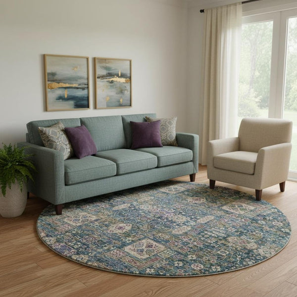 HomeRoots 8' Washable Round Rug in Green, Blue & Beige Floral Design - UV Protected for Durability & Style 653383