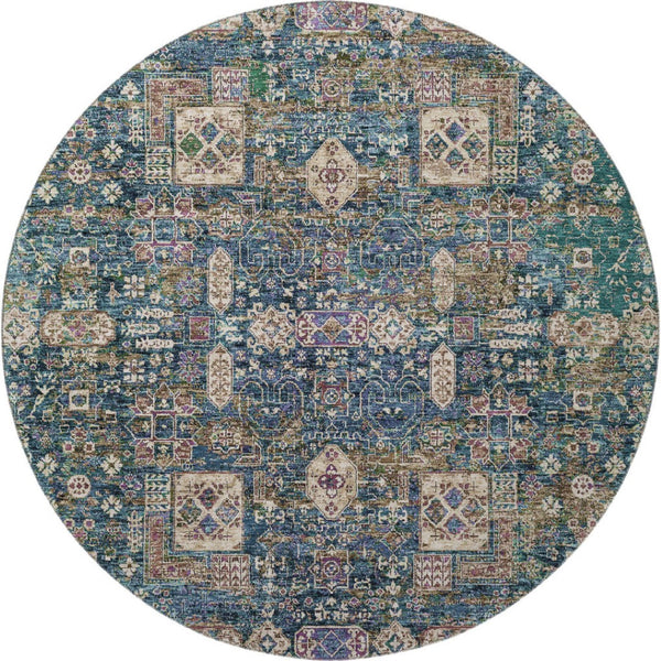 HomeRoots 8' Washable Round Rug in Green, Blue & Beige Floral Design - UV Protected for Durability & Style 653383