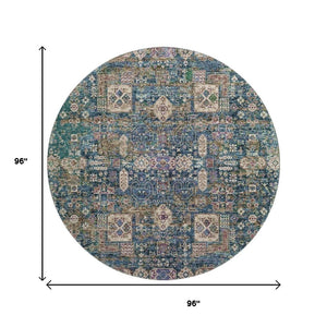 HomeRoots 8' Washable Round Rug in Green, Blue & Beige Floral Design - UV Protected for Durability & Style 653383