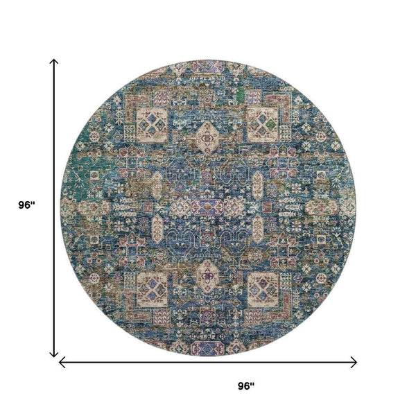 HomeRoots 8' Washable Round Rug in Green, Blue & Beige Floral Design - UV Protected for Durability & Style 653383