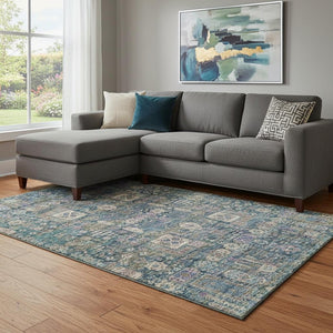 HomeRoots 9' X 12' Floral Area Rug in Green, Blue & Beige - Washable, Stain Resistant, UV Protected for Homes 653385
