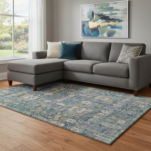 HomeRoots 9' X 12' Floral Area Rug in Green, Blue & Beige - Washable, Stain Resistant, UV Protected for Homes 653385
