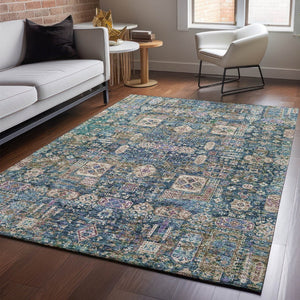 HomeRoots 9' X 12' Floral Area Rug in Green, Blue & Beige - Washable, Stain Resistant, UV Protected for Homes 653385