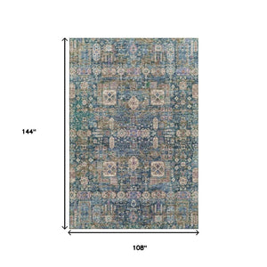 HomeRoots 9' X 12' Floral Area Rug in Green, Blue & Beige - Washable, Stain Resistant, UV Protected for Homes 653385