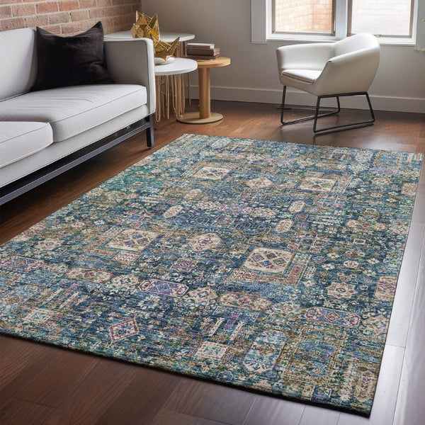 HomeRoots 10' Washable Floral Area Rug in Green, Blue & Beige - UV Resistant, Stain-Proof, Perfect for Homes! 653386