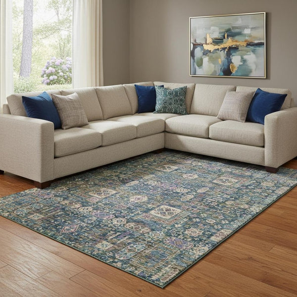 HomeRoots 10' Washable Floral Area Rug in Green, Blue & Beige - UV Resistant, Stain-Proof, Perfect for Homes! 653386