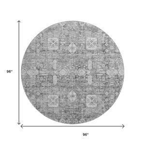 HomeRoots 8' Gray and Ivory Floral Round Rug – Stylish, Washable, UV-Protected, and Perfect for Busy Homes! 653389