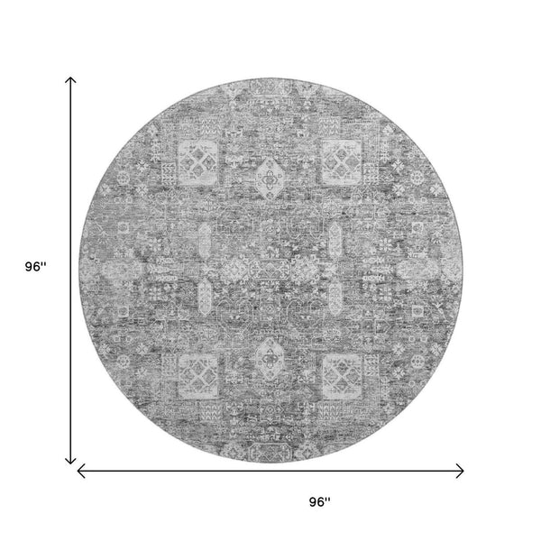 HomeRoots 8' Gray and Ivory Floral Round Rug – Stylish, Washable, UV-Protected, and Perfect for Busy Homes! 653389