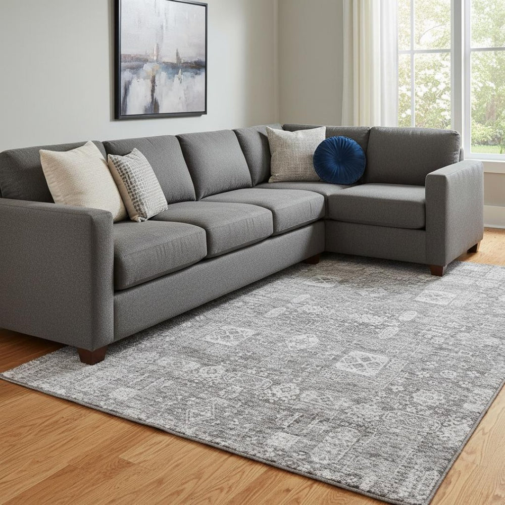 HomeRoots 8' X 10' Gray and Ivory Floral Area Rug - Durable, Washable, UV Protected for Stylish Living Spaces 653390