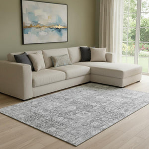 HomeRoots 9' X 12' Gray and Ivory Floral Area Rug - Washable, UV-Protected, Durable for Kids & Pets' Comfort 653391