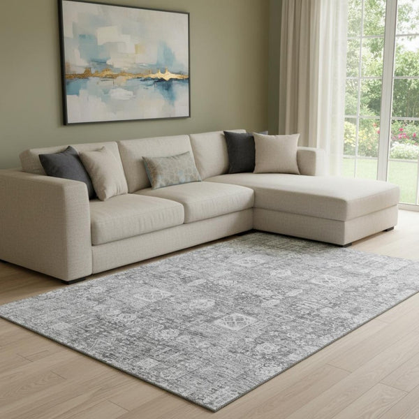 HomeRoots 9' X 12' Gray and Ivory Floral Area Rug - Washable, UV-Protected, Durable for Kids & Pets' Comfort 653391