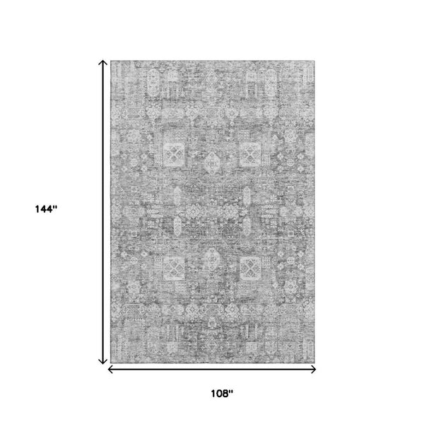 HomeRoots 9' X 12' Gray and Ivory Floral Area Rug - Washable, UV-Protected, Durable for Kids & Pets' Comfort 653391