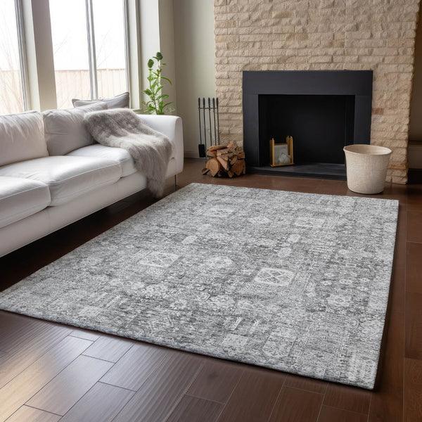 HomeRoots 10' X 14' Gray and Ivory Floral Area Rug – Durable, Washable, UV-Protected for Stylish Living Spaces 653392