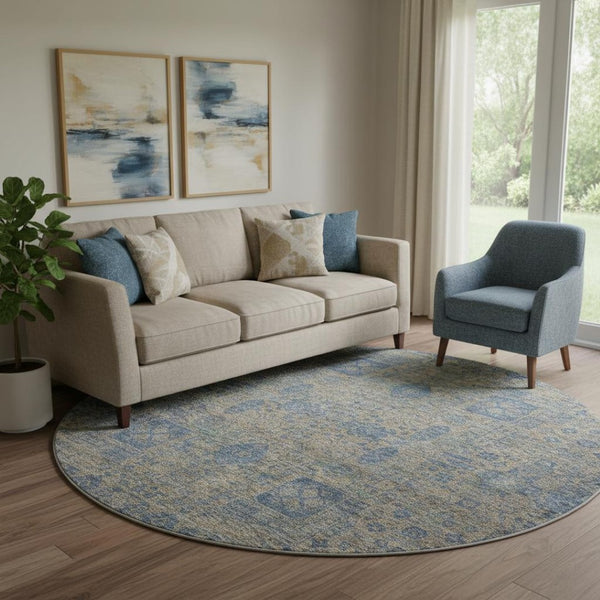 HomeRoots 8' Washable Khaki and Blue Floral Round Rug with UV Protection - Durable, Stylish, and Easy Care! 653395