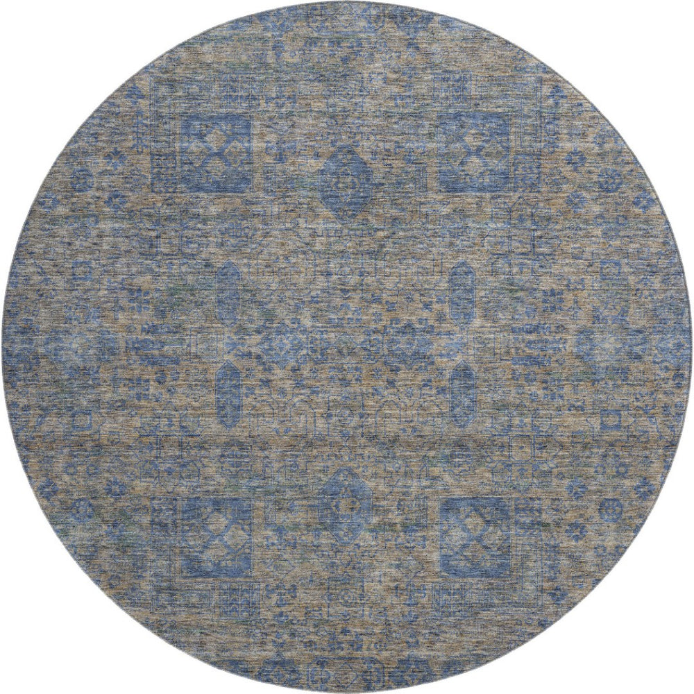 HomeRoots 8' Washable Khaki and Blue Floral Round Rug with UV Protection - Durable, Stylish, and Easy Care! 653395