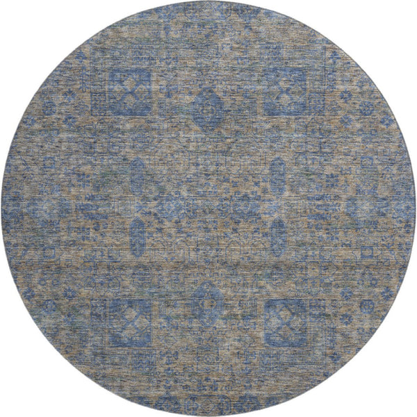 HomeRoots 8' Washable Khaki and Blue Floral Round Rug with UV Protection - Durable, Stylish, and Easy Care! 653395