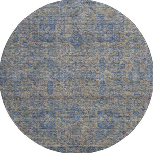 HomeRoots 8' Washable Khaki and Blue Floral Round Rug with UV Protection - Durable, Stylish, and Easy Care! 653395